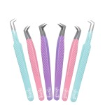 SIVOTE Lash Tweezers for Eyelash Extensions, Set of 6 - Volume, Volume Boot, Slim 90 Degree Tweezers with Fiber Tips in Pastel Colors, Ideal for Mega, Volume & Russian Lashes - Includes Leather Pouch