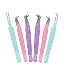 SIVOTE Lash Tweezers for Eyelash Extensions, Set of 6 - Volume, Volume Boot, Slim 90 Degree Tweezers with Fiber Tips in Pastel Colors, Ideal for Mega, Volume & Russian Lashes - Includes Leather Pouch