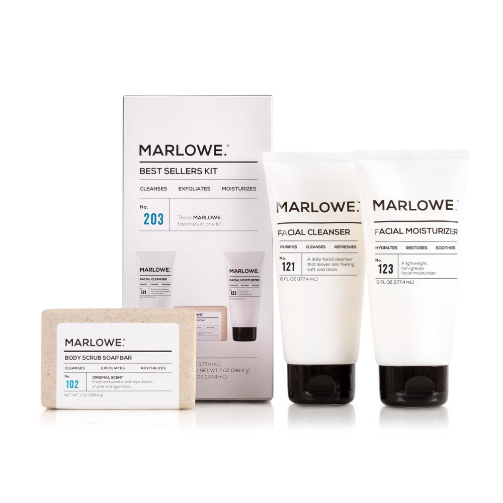 MARLOWE. Best Sellers Kit No. 203, Features Signature No. 102 Original Body Scrub Soap Bar, No. 121 Facial Cleanser & No. 123 Facial Moisturizer, Great Gift for Men