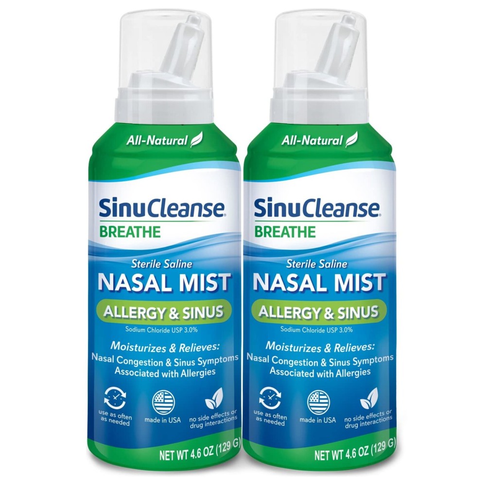 SinuCleanse Allergy & Sinus Sterile Saline Nasal Spray, Ultra Fine Mist, Instantly Moisturizes & Relieves Severe Nasal Congestion Due to Allergies, 4.6 Oz (2 Pack), Made in USA