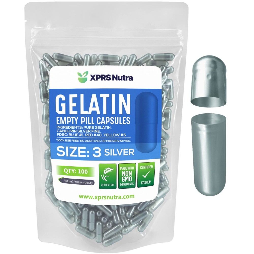 XPRS Nutra Size 3 Empty Capsules - 100 Count Empty Gelatin Capsules - Pills DIY Capsule Filling - Pure Bovine Pill Gel Caps for Do-It-Yourself Supplements (Silver)