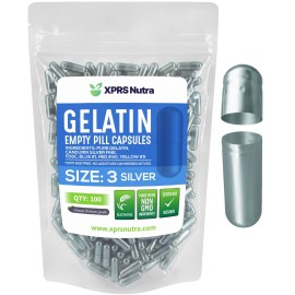 XPRS Nutra Size 3 Empty Capsules - 100 Count Empty Gelatin Capsules - Pills DIY Capsule Filling - Pure Bovine Pill Gel Caps for Do-It-Yourself Supplements (Silver)