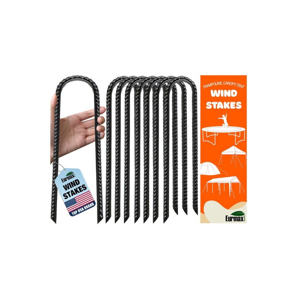 Eurmax USA Ground Anchors, Heavy Duty Ground Stakes, Trampoline Stakes, Tent Stakes Anchor Kit for High Wind, 12 Galvanized Steel Rebar Stakes, Metal Stakes, Trampoline Accessories,Pack of 8(Black)