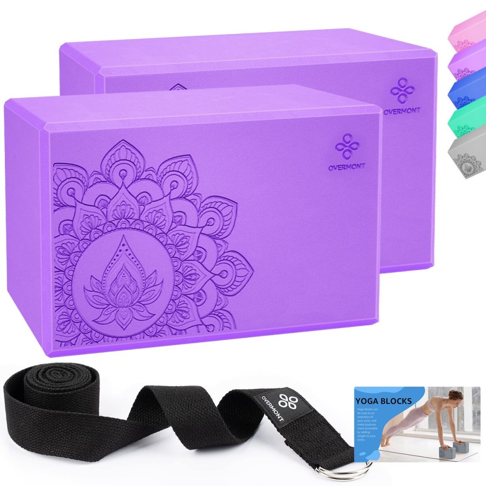 Overmont Yoga Block 2 Pack Supportive Latex-Free EVA Foam Soft Non-Slip Surface for General Fitness Pilates Stretching and Meditation 9x6x3 Yoga Strap Included