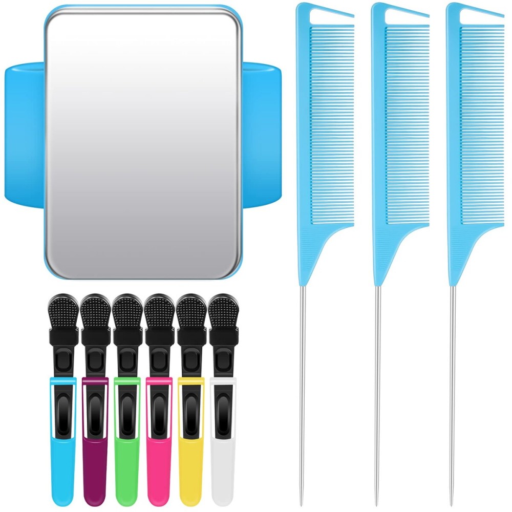 Geiserailie 10 Pcs Hair Styling Tools Set Magnetic Gel & Silicone Wristband for Stylists and Braiders, Wrist Strap, 3 Rat Tail Combs and 6 Plastic Clips(Blue Wrist Strap)