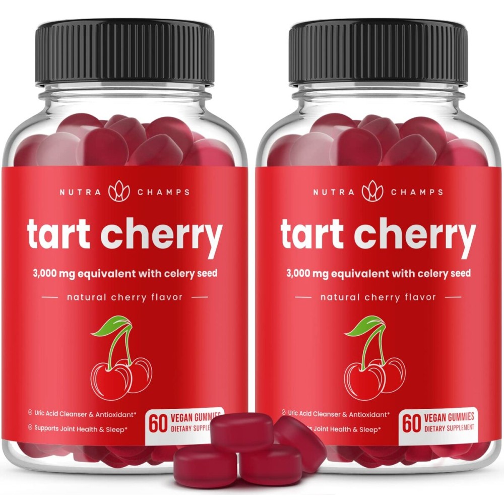 NutraChamps Tart Cherry Gummies - 3000mg Tart Cherry Extract with Celery Seed - Uric Acid Cleanse Supplement - Antioxidant, Joint Comfort, Flexibility, Immune Health, Sleep - 60 Vegan Gummies (2-Pack)
