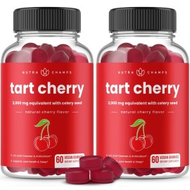 NutraChamps Tart Cherry Gummies - 3000mg Tart Cherry Extract with Celery Seed - Uric Acid Cleanse Supplement - Antioxidant, Joint Comfort, Flexibility, Immune Health, Sleep - 60 Vegan Gummies (2-Pack)