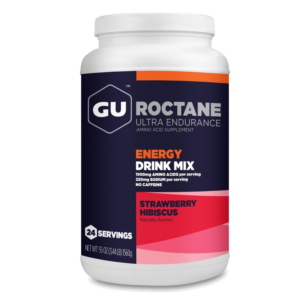 Gu Energy Roctane Ultra Endurance Energy Drink Mix, Vegan, Gluten-Free, Kosher, and Dairy-Free n-The-Go Energy for Any Workout, Strawberry Hibiscus, 3.44 lb. Canister (24 Servings)