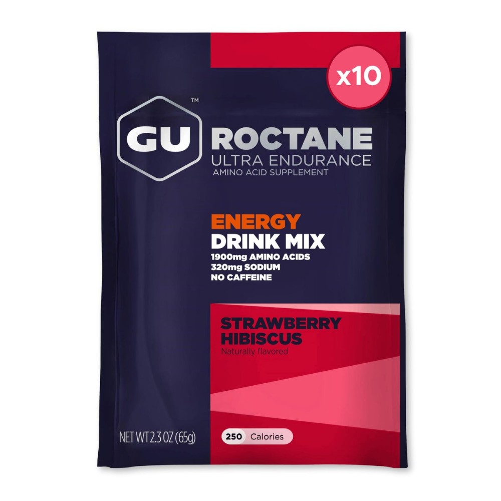 Gu Energy Roctane Ultra Endurance Energy Drink Mix, Vegan, Gluten-Free, Kosher, Caffeine- Free, and Dairy-Free n-The-Go Energy for Any Workout, 10 Single Serve Travel Size Packets, Strawberry Hibiscus