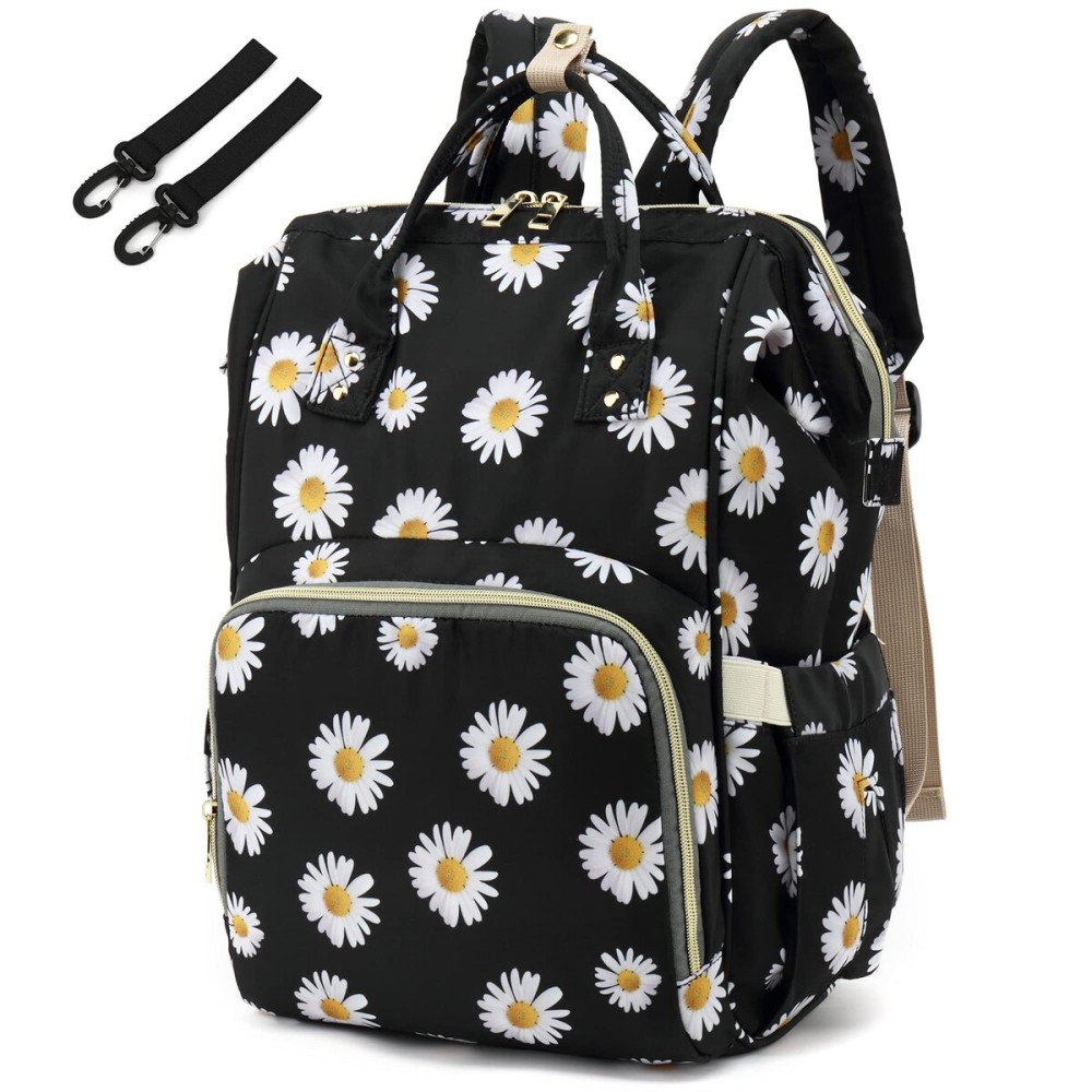 Yusudan Floral Diaper Bag Backpack for Baby Girls Boys, Flowers Mom Nappy Bags for Women (Daisy Black)