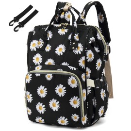 Yusudan Floral Diaper Bag Backpack for Baby Girls Boys, Flowers Mom Nappy Bags for Women (Daisy Black)