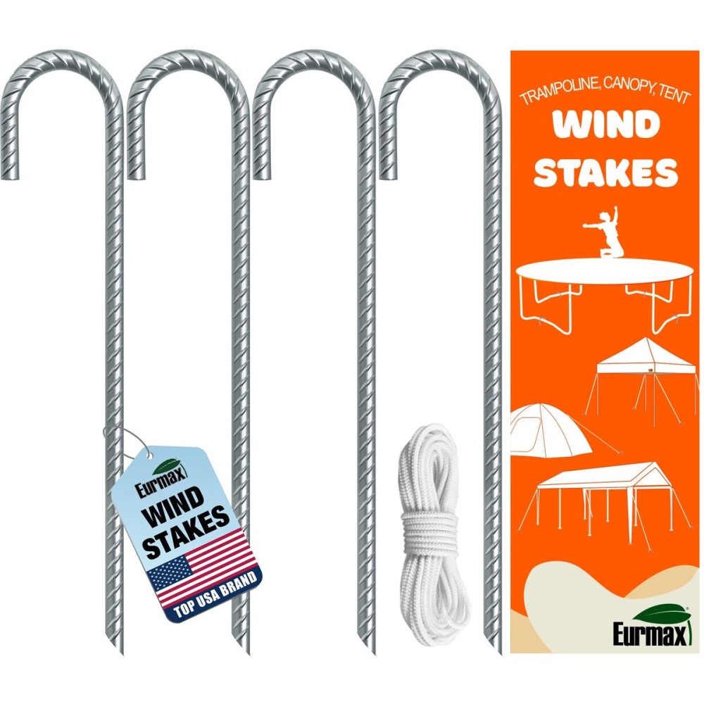 Eurmax USA Trampolines Stakes Heavy Duty Ground Stakes Canopy Parts Wind Stake with Rope 12 Inch Heavy Duty Stake Safety Ground Anchor Galvanized Steel J Shaped, Pack of 4(Gray)