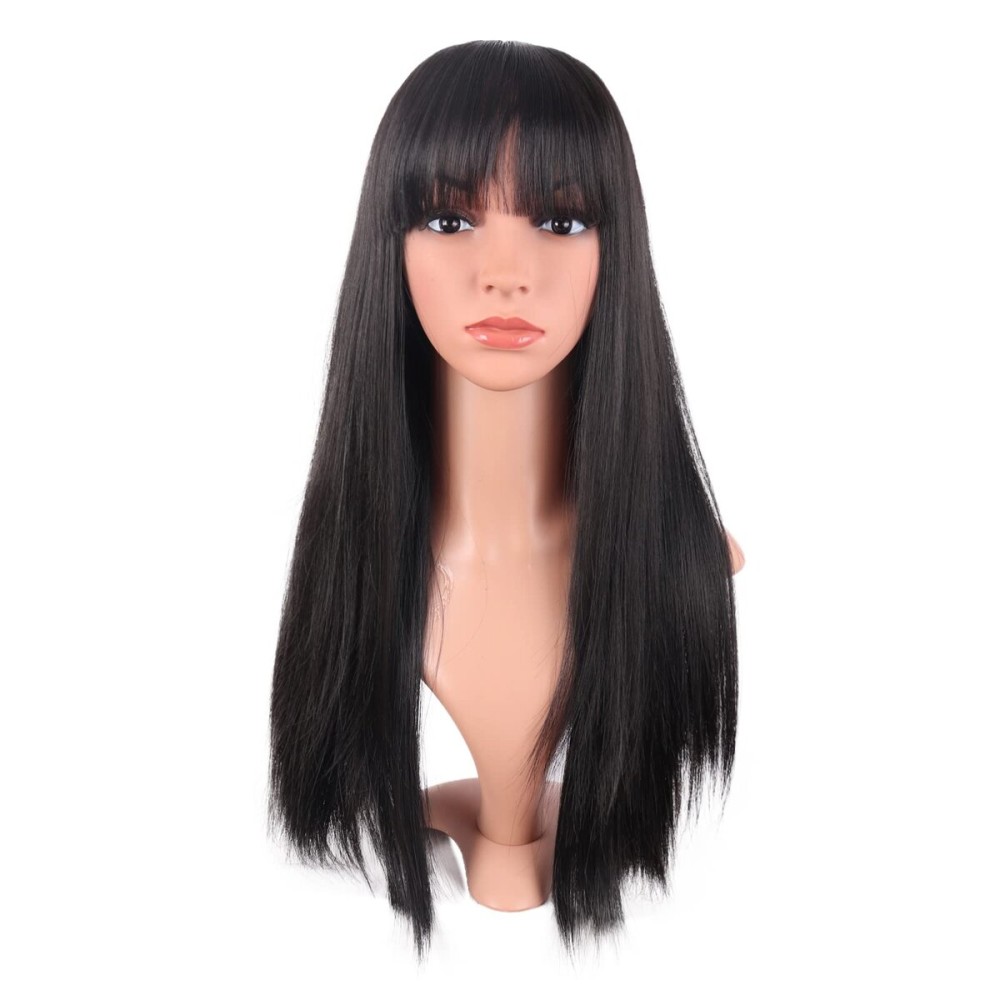 MapofBeauty 24 Inch/60 cm Women Long Straight with Flat Bangs Synthetic Hair Heat Resistant Fiber Hair for Party Cosplay Wig (Black)