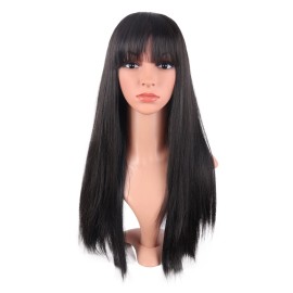 MapofBeauty 24 Inch/60 cm Women Long Straight with Flat Bangs Synthetic Hair Heat Resistant Fiber Hair for Party Cosplay Wig (Black)