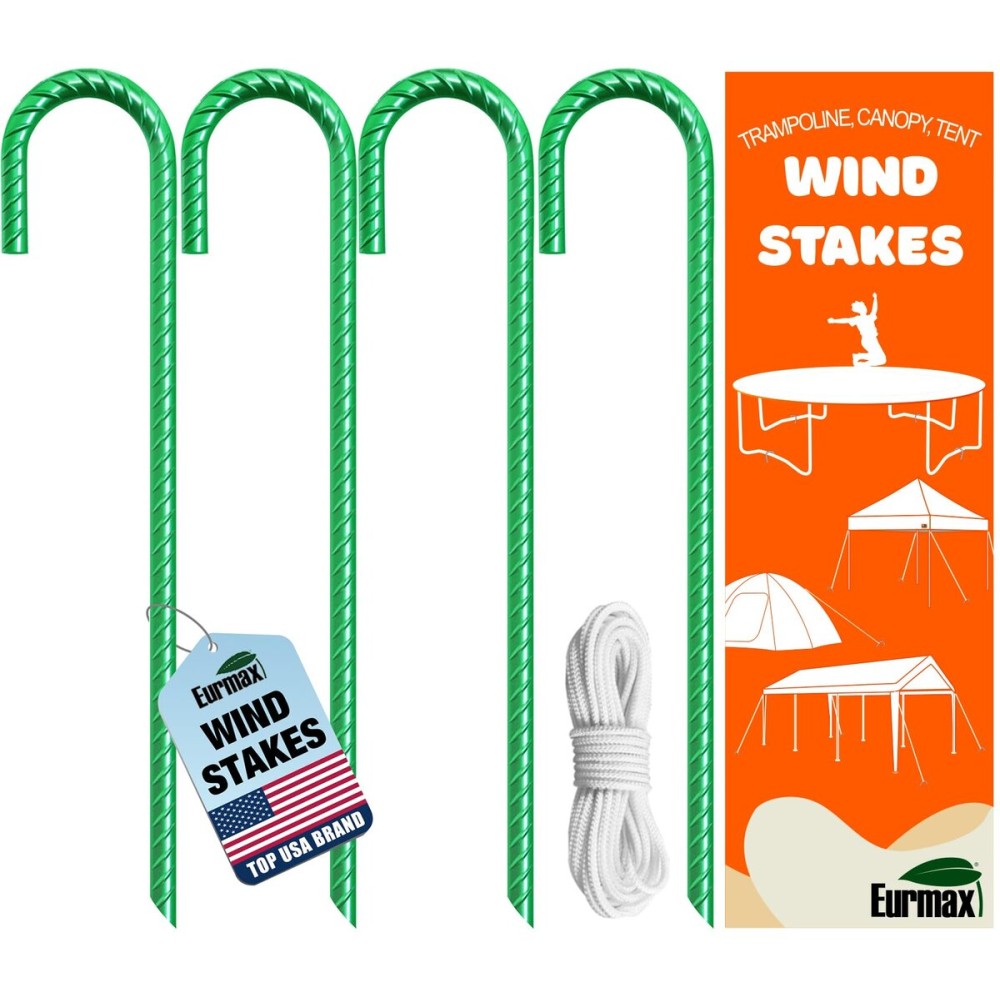 Eurmax USA Trampolines Stakes Heavy Duty Ground Stakes Canopy Parts Wind Stake with Rope 12 Inch Heavy Duty Stake Safety Ground Anchor Galvanized Steel J Shaped, Pack of 4(Green)