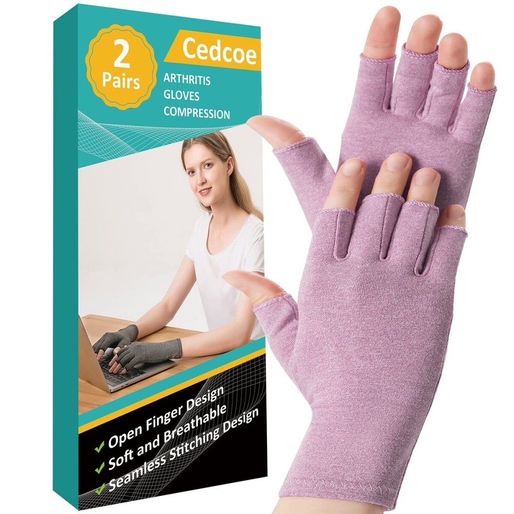 Cedcoe 2 Pairs Arthritis Gloves Fingerless Compression Gloves for Relieve Hand Pain, Rheumatoid, Osteoarthritis, Tendonitis, Carpal Tunnel for Women and Men to Daily Work (Purple, Large)