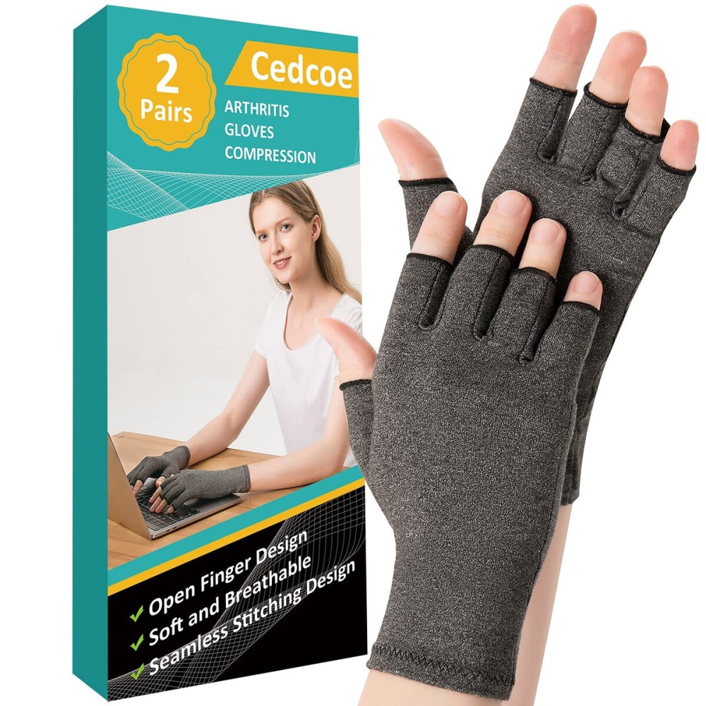 Cedcoe 2 Pairs Arthritis Gloves Fingerless Compression Gloves for Relieve Hand Pain, Rheumatoid, Osteoarthritis, Tendonitis, Carpal Tunnel for Women and Men to Daily Work (Gray, Small)
