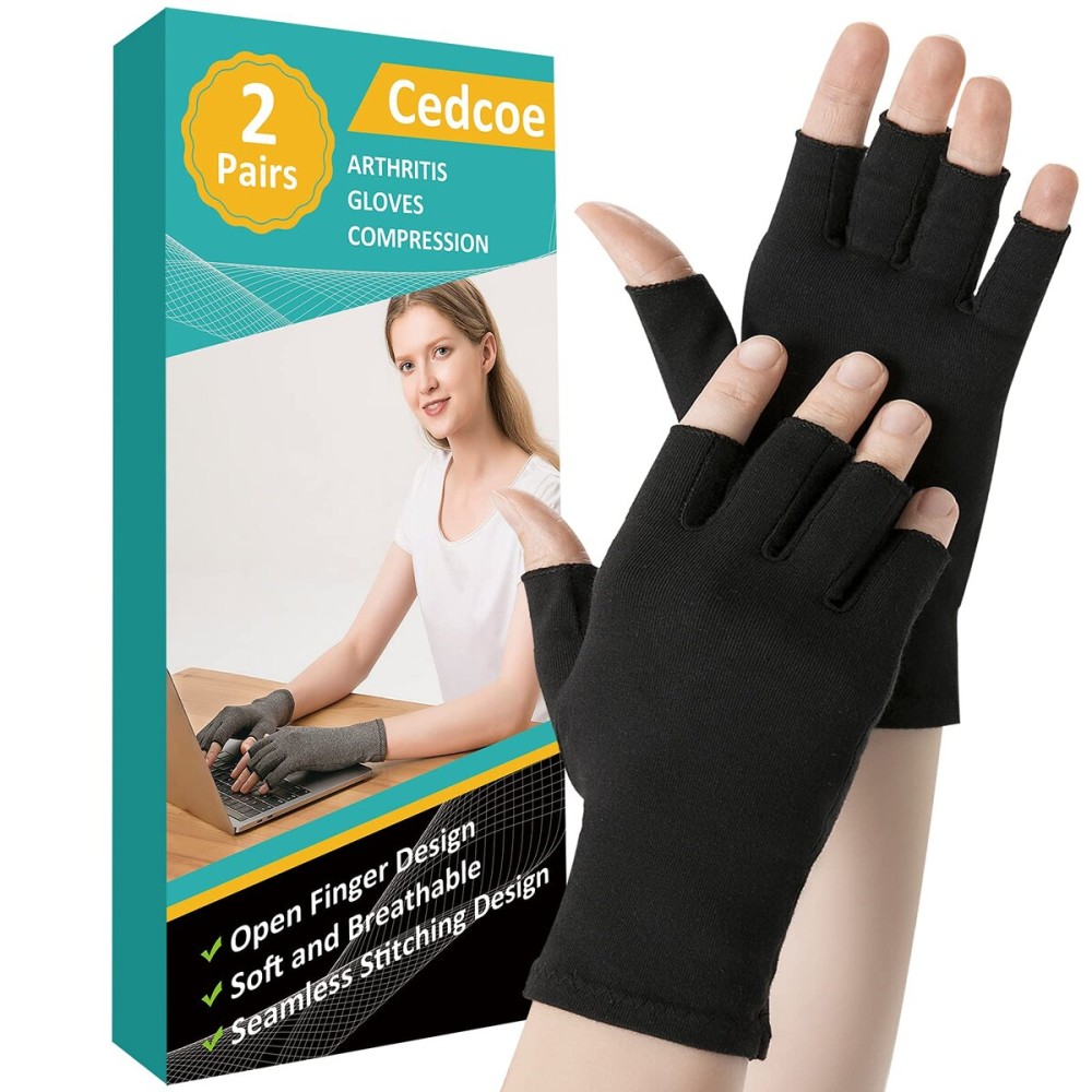 Cedcoe 2 Pairs Arthritis Gloves Fingerless Compression Gloves for Relieve Hand Pain, Rheumatoid, Osteoarthritis, Tendonitis, Carpal Tunnel for Women and Men to Daily Work (Black, Small)