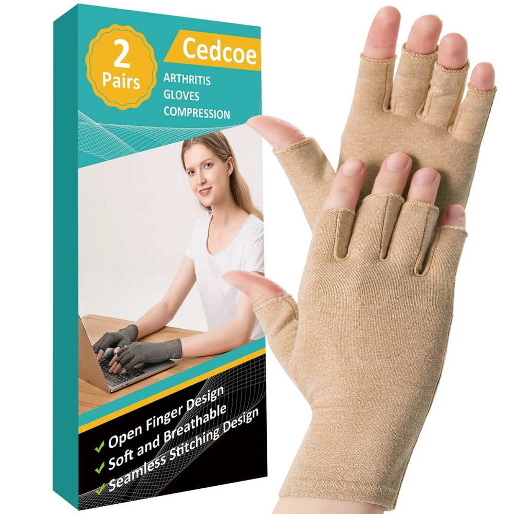 Cedcoe 2 Pairs Arthritis Gloves Fingerless Compression Gloves for Relieve Rheumatoid Arthritis, Osteoarthritis, Carpal Tunnel, Joint Pain for Women and Men to Daily Work (Coffee, Large)