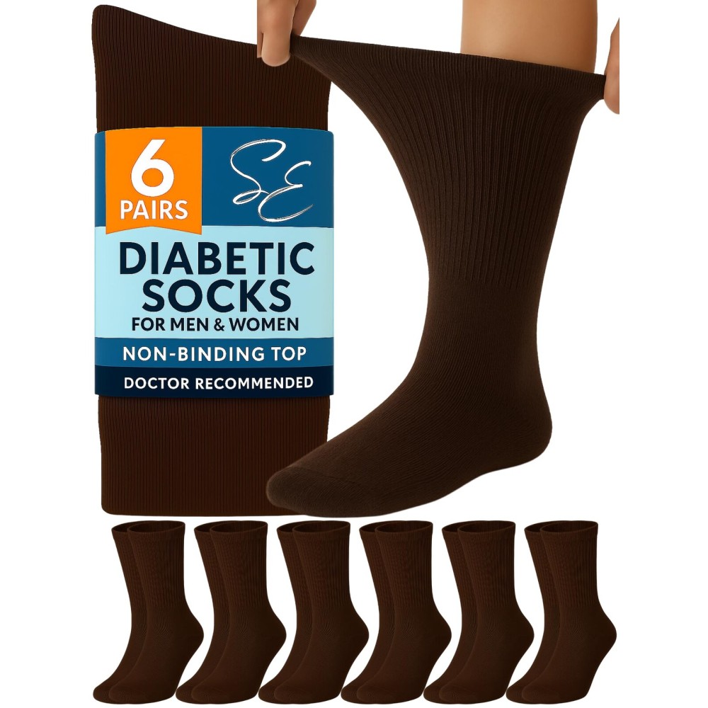Special Essentials Diabetic Socks for Men & Women - 6 Pairs of Non-Binding Extra Wide Top Cotton Neuropathy Socks - Crew Length, Brown, 13-15