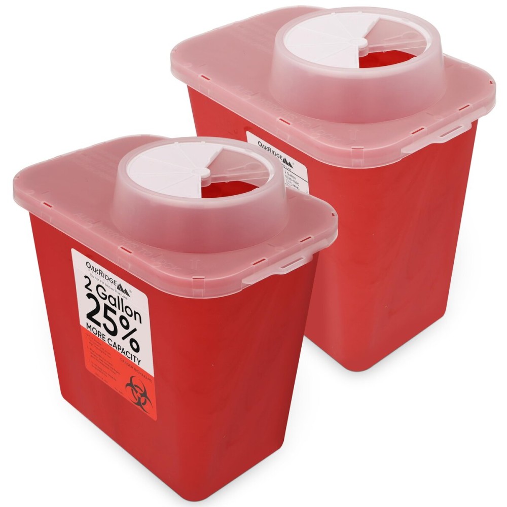 Oakridge Products Large Sharps Container for Home Use and Professional 2 Gallon (2-Pack) with Chimney Top, Biohazard Needle and Syringe Disposal, CDC Certified