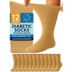 Special Essentials Diabetic Socks for Men & Women - 12 Pairs of Non-Binding Extra Wide Top Cotton Neuropathy Socks - Crew Length, Khaki, 9-11