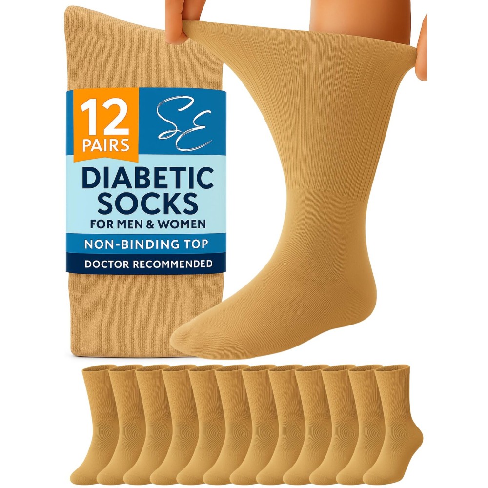 Special Essentials Diabetic Socks for Men & Women - 12 Pairs of Non-Binding Extra Wide Top Cotton Neuropathy Socks - Crew Length, Khaki, 10-13