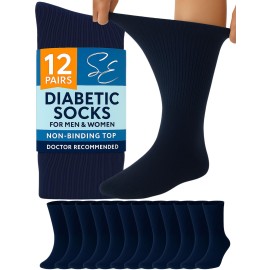 Special Essentials Diabetic Socks for Men & Women - 12 Pairs of Non-Binding Extra Wide Top Cotton Neuropathy Socks - Crew Length, Navy, 13-15