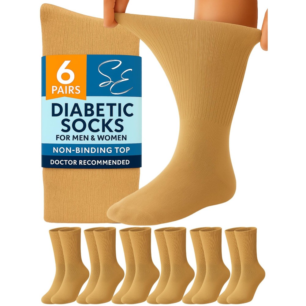 Special Essentials Diabetic Socks for Men & Women - 6 Pairs of Non-Binding Extra Wide Top Cotton Neuropathy Socks - Crew Length, Khaki, 10-13