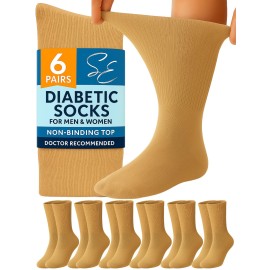 Special Essentials Diabetic Socks for Men & Women - 6 Pairs of Non-Binding Extra Wide Top Cotton Neuropathy Socks - Crew Length, Khaki, 10-13