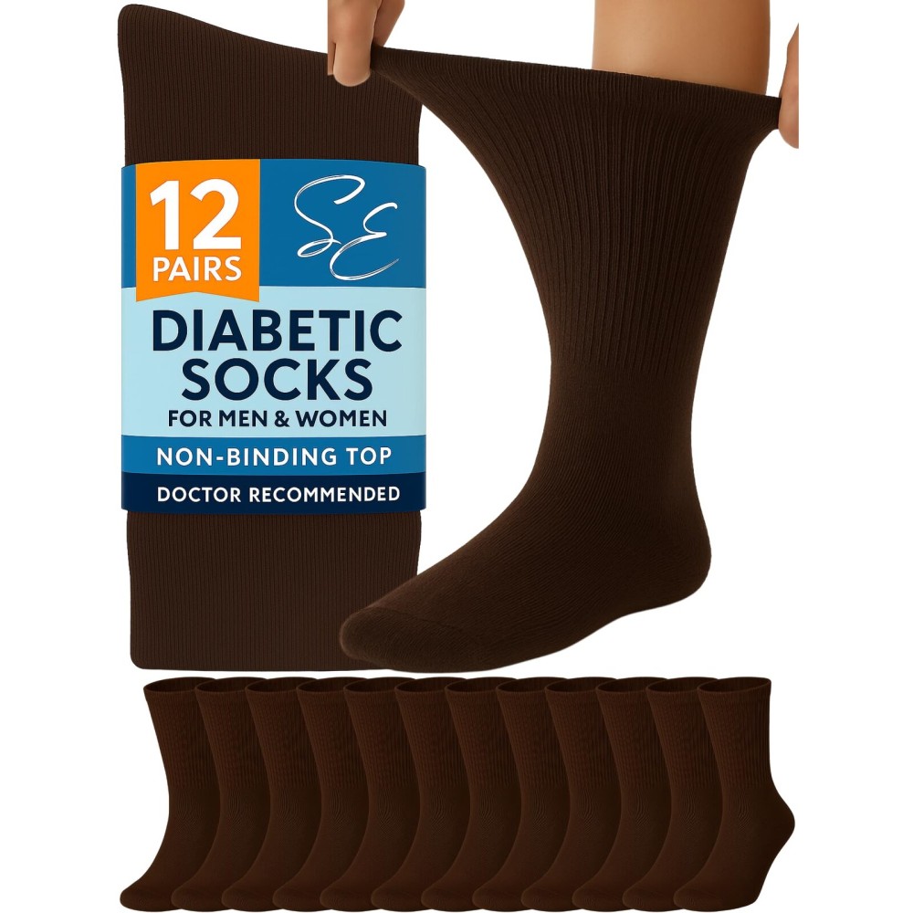 Special Essentials Diabetic Socks for Men & Women - 12 Pairs of Non-Binding Extra Wide Top Cotton Neuropathy Socks - Crew Length, Brown, 10-13