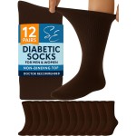 Special Essentials Diabetic Socks for Men & Women - 12 Pairs of Non-Binding Extra Wide Top Cotton Neuropathy Socks - Crew Length, Brown, 10-13