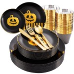 KIRE 25 Guest Halloween Plates Black Gold Plastic Plates Smiley Pumpkin include 50PCS Black &150PCS Gold Plastic Silverware&25PCS Clear Black Cups for Halloween Party