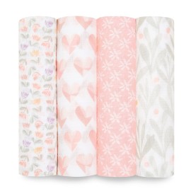 aden + anais Essentials Swaddle Blanket, Boutique Muslin Blankets for Girls & Boys, Baby Receiving Swaddles, Ideal Newborn & Infant Swaddling Set, Perfect Shower Gifts, 4 Pack, Piece of My Heart
