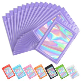 Funfery 100 pcs Purple Smell Proof Mylar Holographic Bags Packaging Bags,Clear Seal Resealable Odor Proof Bag Foil Pouch Zipper Bag for Food Storage,Gloss,Lash Packing for Small Business(2.4x3.9In)