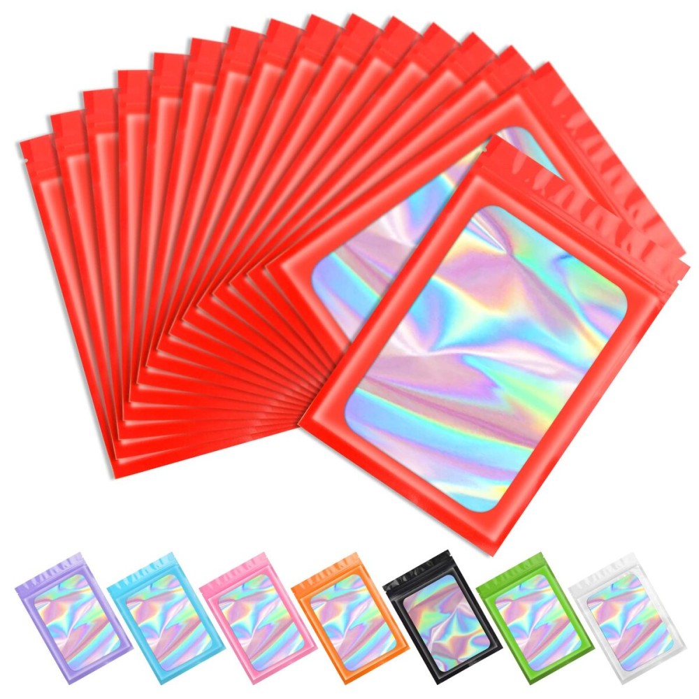 Funfery 100 pcs Red Smell Proof Mylar Holographic Bags Packaging Bags,Clear Resealable Odor Proof Bag Foil Pouch Zipper Bag for Food Storage,Lash,Jewelry Packing fpr Small Business(2.4x3.9In)