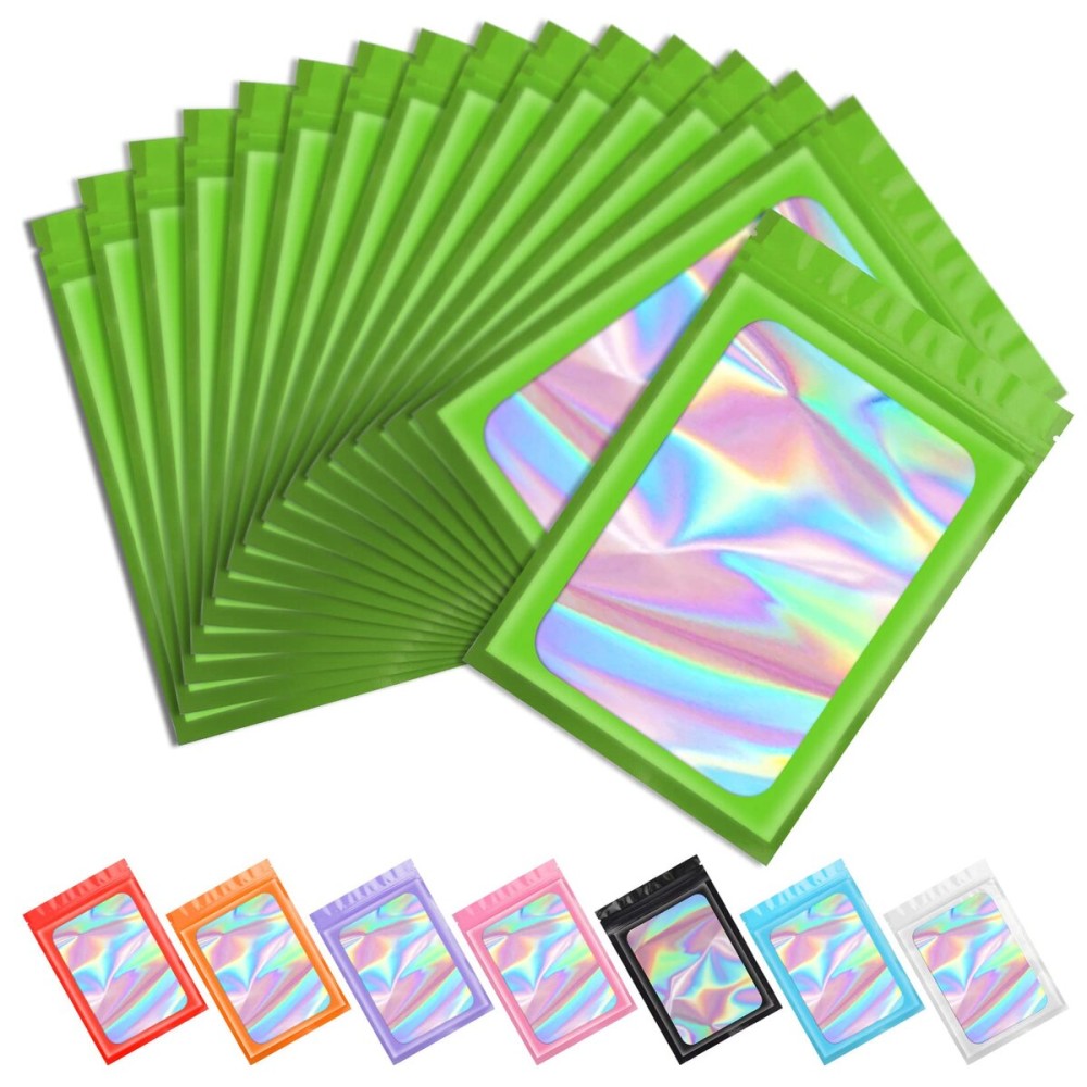 Funfery 100 pcs Green Smell Proof Mylar Holographic Bags - Clear Window Sealing Resealable Odor Proof Bag with Zipper for Food Storage,Gloss, Lash, Jewelry Packing,Small Buisness(6.3x9.4In)
