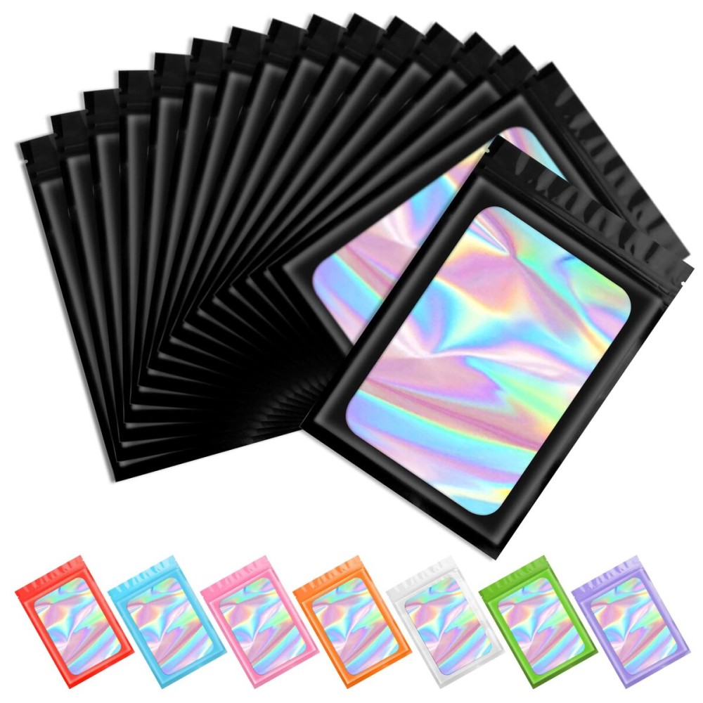 Funfery 100 pcs Black Mylar Holographic Bags Packaging Bags,Clear Resealable Smell Proof Bag Foil Pouch Zipper Bag for Food Storage,Lipgloss,Jewelry,Eyelash Packaging for Small Business(5.1x8.3In)