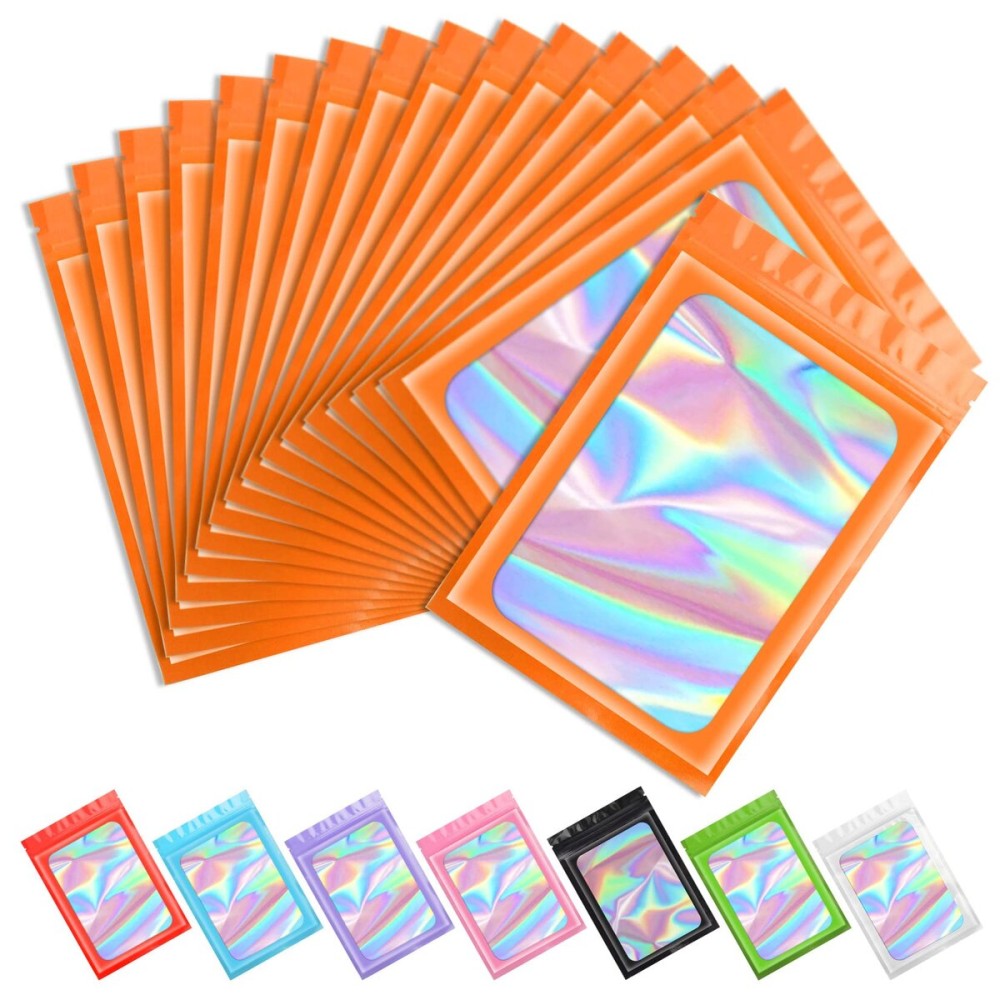 Funfery 100 pcs Smell Proof Mylar Holographic Bags Packaging Bags, Clear Resealable Odor Proof Bag Small Zipper Foil Pouch Bag for Food Storage Gloss Eyelash Jewelry Sample Treat (Orange,4x6in)