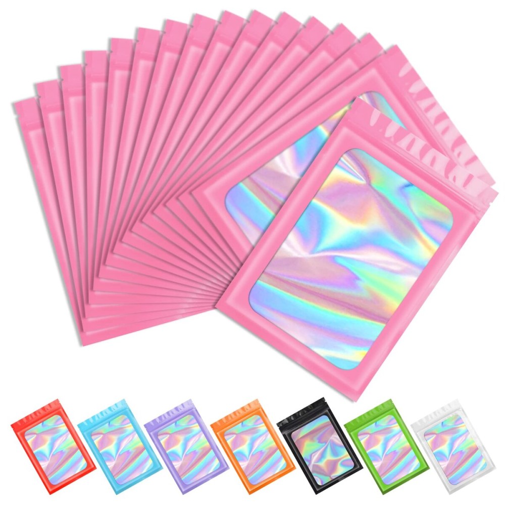 Funfery 100 pcs Pink Smell Proof Mylar Holographic Bags Packaging Bags,Clear Resealable Odor Proof Bag Foil Pouch Bag for Food Storage,Lipgloss,Jewelry,Eyelash Packing for Small Business(3.1x5.1In)