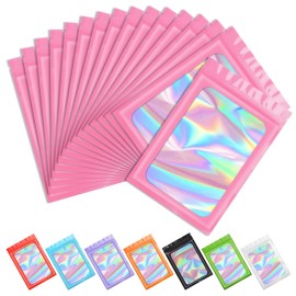 Funfery 100 pcs Pink Holographic Mylar Packaging Bags, Clear Sealing Resealable Smell Proof Bag Foil Pouch Zipper Bag for Food Storage,Lipgloss,Jewelry,Eyelash Packaging for Small Business(4x6In)