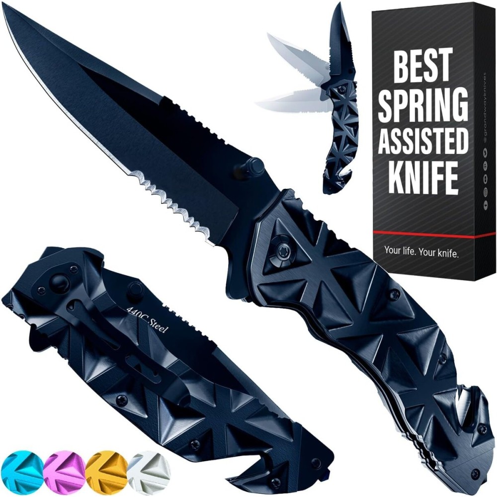 Pocket Knife for Men - Serrated Sharp 3.5 Blade - Tactical Spring Assisted Folding Knives - Hunting Camping with Wire Cutter Glass Breaker - Best Gift Idea for Men Women HB 207