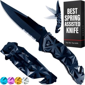 Pocket Knife for Men - Serrated Sharp 3.5 Blade - Tactical Spring Assisted Folding Knives - Hunting Camping with Wire Cutter Glass Breaker - Best Gift Idea for Men Women HB 207