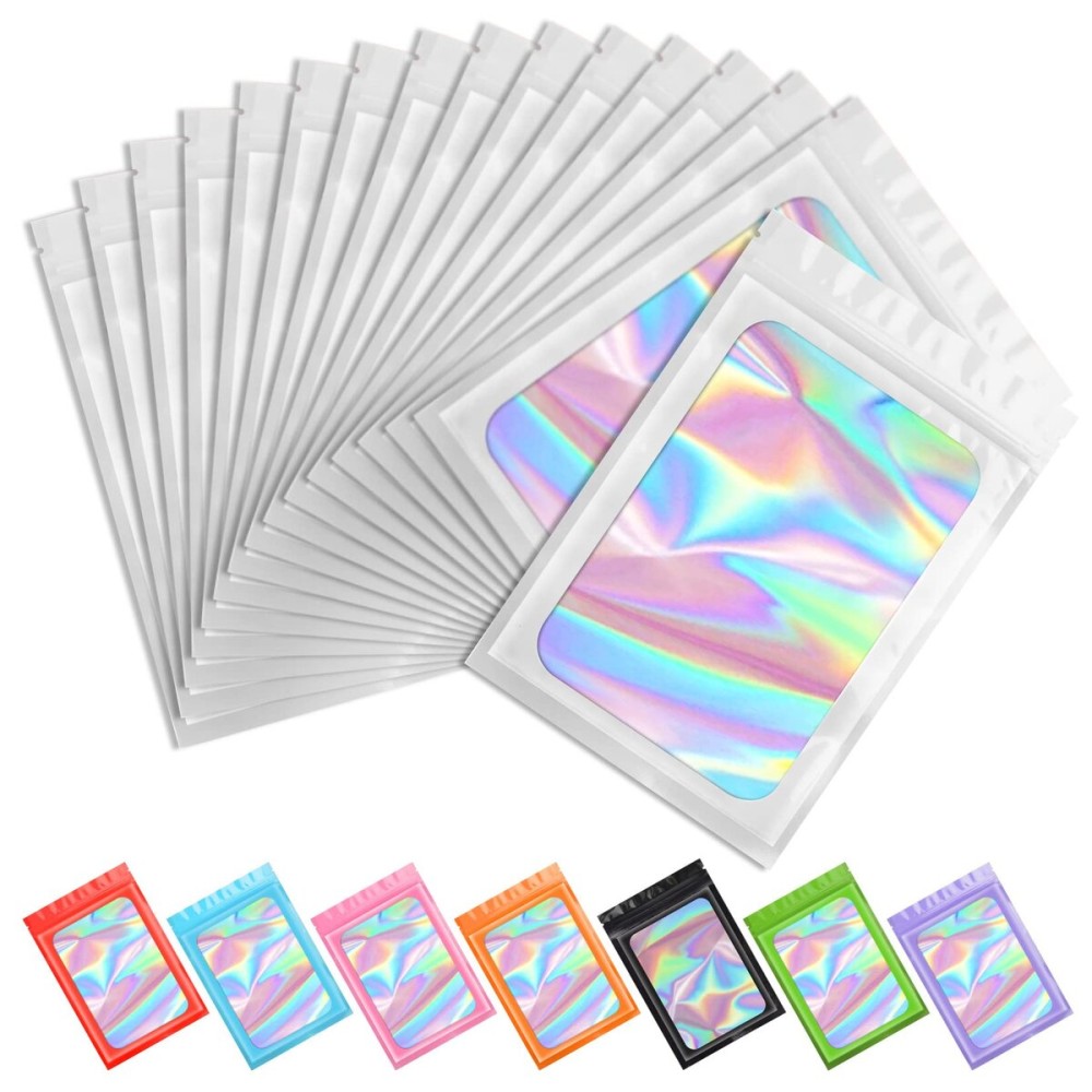 Funfery 100 pcs White Smell Proof Mylar Holographic Bags Packaging Bags,Clear Resealable Odor Proof Bag Foil Pouch Bag for Food Storage,Lipgloss,Jewelry,Eyelash Packing for Small Business(2.4x3.9In)