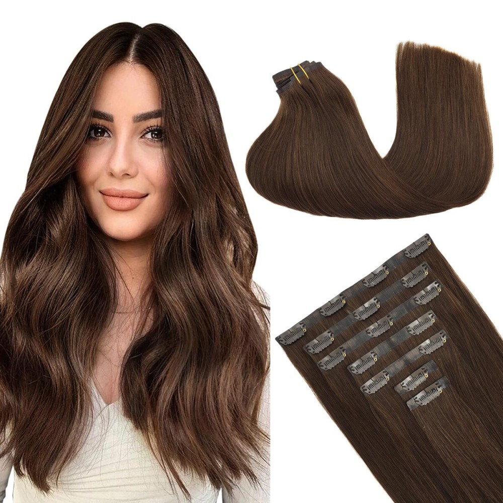 GOO GOO Clip in Hair Extensions Real Human Hair, Remy Human Hair Extensions Clip ins for Women, Natural Human Hair, 18inch 130g 7Pcs, 4A Chocolate Brown