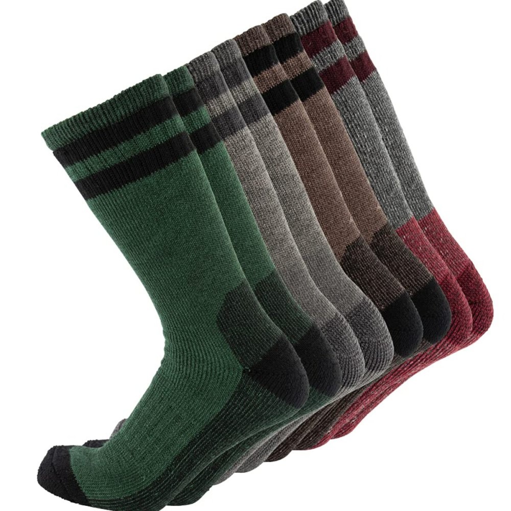 Cerebro Merino Wool Socks for Men, Cushioned Mid-calf Socks Moisture Wicking Men\'s Hiking Socks for Home, Trekking, Outdoors (4Pairs Green+Grey+Brown+Red)