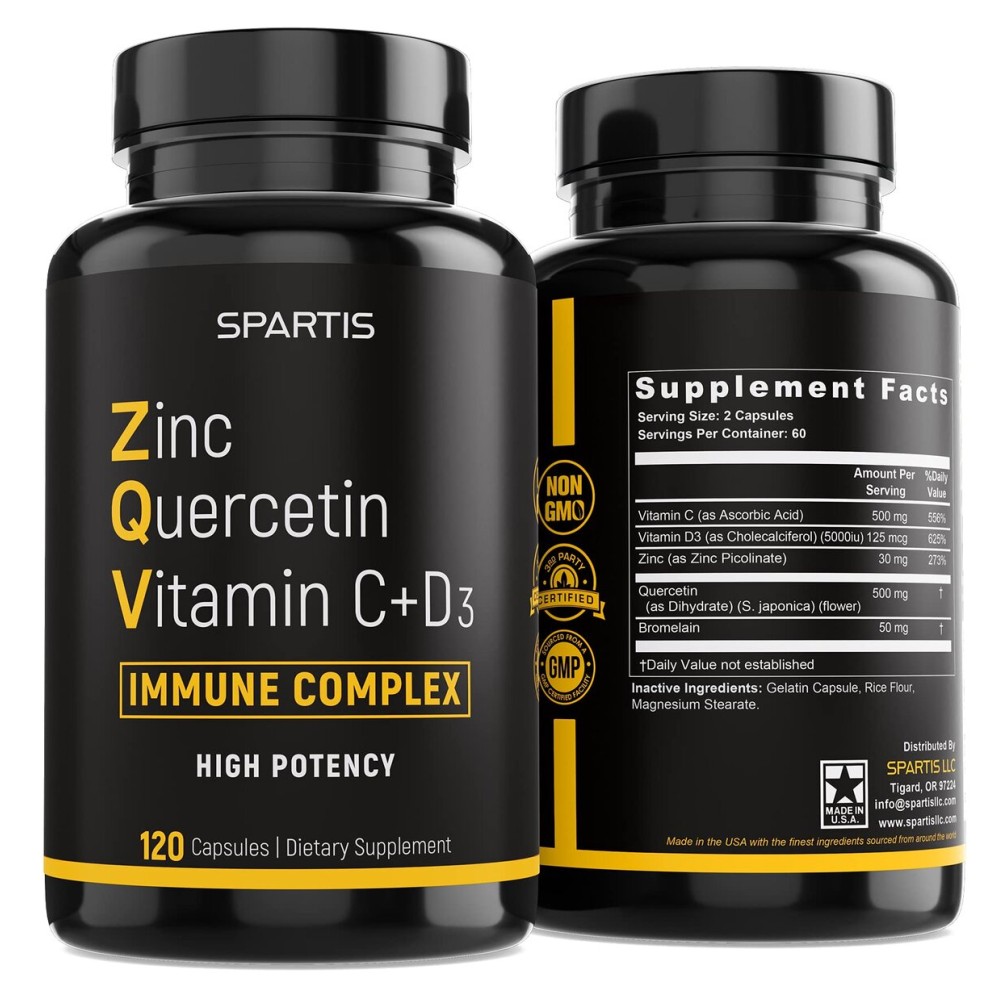 Zinc Quercetin 500mg with Vitamin C Vitamin D3 Bromelain Immune Support High Potency Quercetin Zinc Supplement ZQV by SPARTIS (Pack of 1 Bottle at 120-Caps)