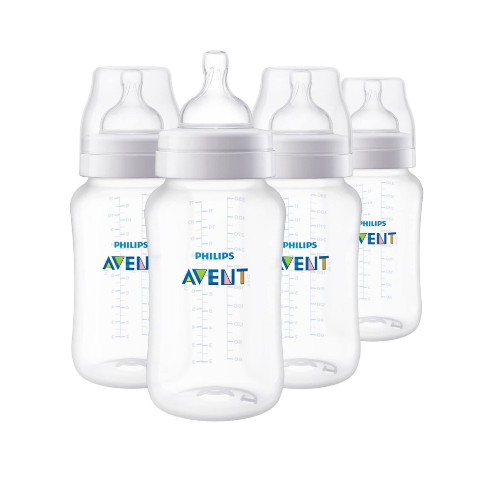 Philips Avent Anti-Colic Baby Bottles, 11oz, with Flow 3 Nipples, 3m+, 4pk, Clear, SCY106/04