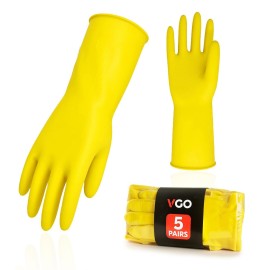 Vgo... 5-Pairs Reusable Household Gloves, Rubber Dishwashing gloves, Extra Thickness, Long Sleeves, Kitchen Cleaning, Working, Painting, Gardening, Pet Care (Size M, Yellow, HH4601)