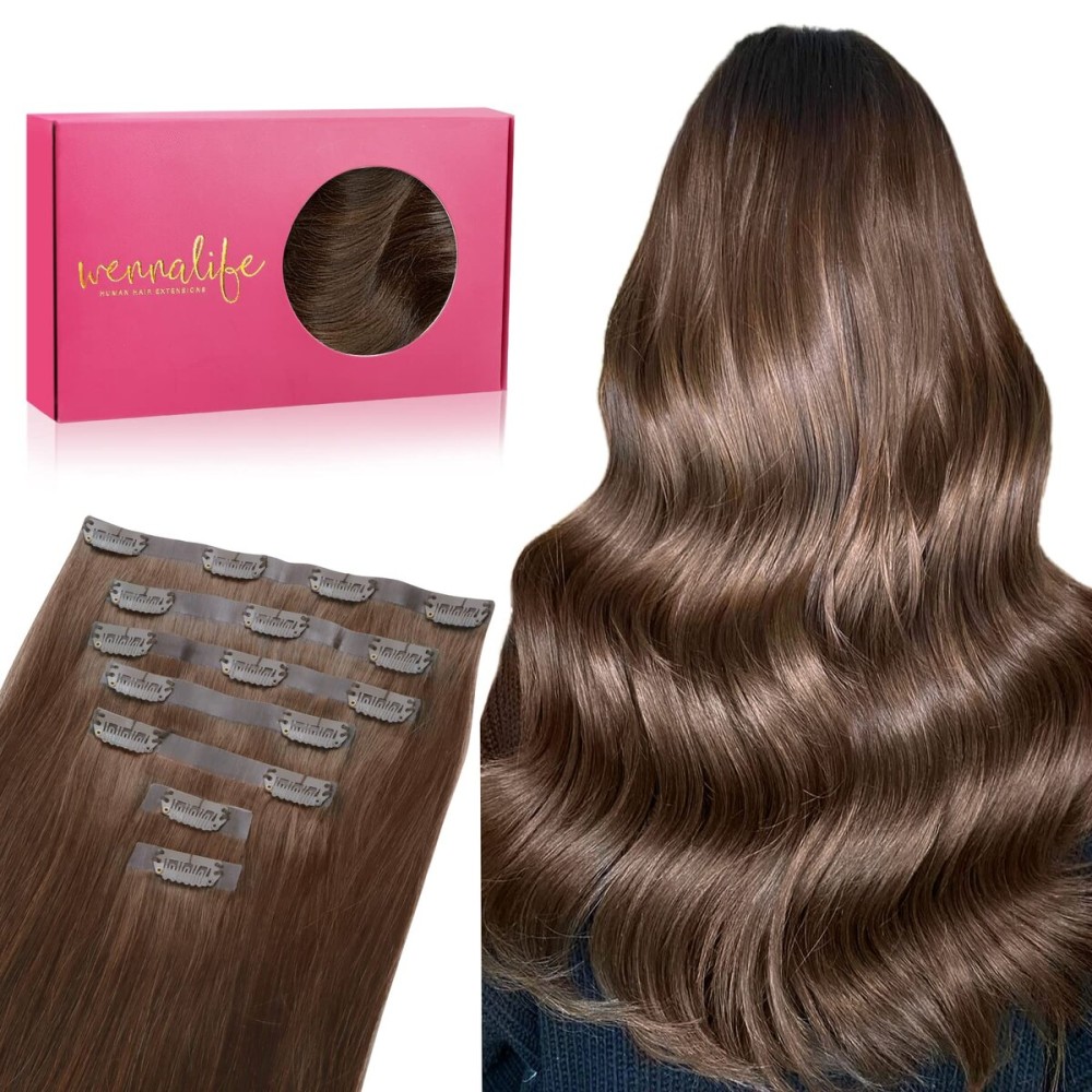 WENNALIFE Seamless Clip In Hair Extensions, 18 Inch 130g 7pcs Chocolate Brown Hair Extensions Clip in Human Hair Invisible PU Skin Weft Natural Remy Human Hair Extensions
